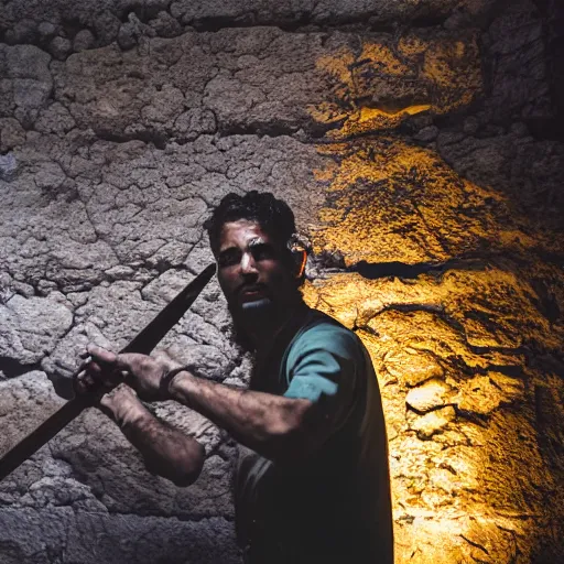 Image similar to award winning cinematic still of nighttime with 40 year old Mediterranean skinned man in Ancient Canaanite clothing fixing a ruined, crumbled wall in Jerusalem, holding a sword, dramatic lighting, nighttime, strong shadows, bold color contrast, action movie stills