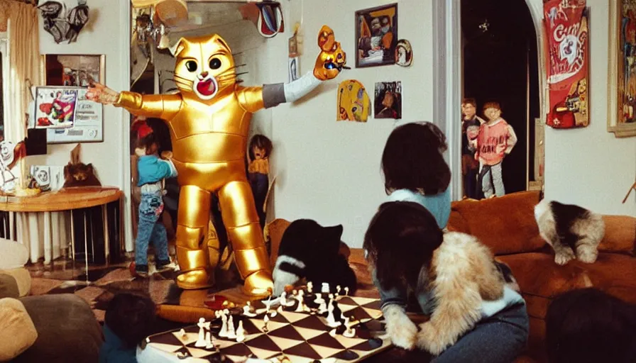 Image similar to 1990s candid 35mm photo of a beautiful day in the living room, cinematic lighting, cinematic look, golden hour, large costumed mascot people interacting with families, Enormous personified mascot people with outstandingly happy faces coming out of a portal and showing families how to teleport, cats playing chess, UHD