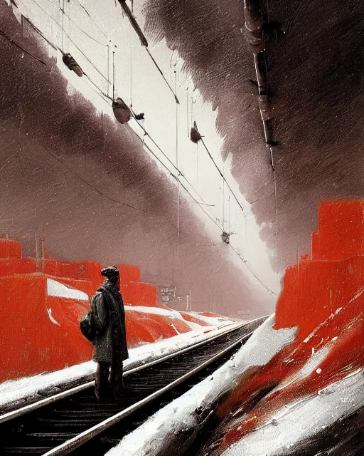 Image similar to a highly detailed epic cinematic concept art CG render digital painting artwork: Railroad in snowy landscape of Siberia and worker in orange west. By Greg Rutkowski, in the style of Francis Bacon and Syd Mead and Norman Rockwell and Beksinski, open ceiling, highly detailed, painted by Francis Bacon and Edward Hopper, painted by James Gilleard, surrealism, airbrush, Ilya Kuvshinov, WLOP, Stanley Artgerm, very coherent, triadic color scheme, art by Takato Yamamoto and James Jean