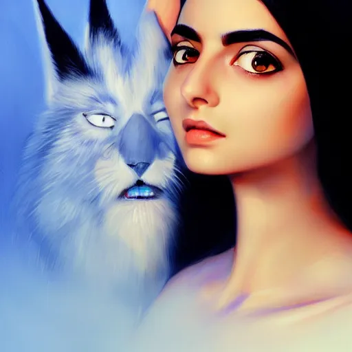 Image similar to greek ameera al taweel , blue eyes, black hair, beautiful face, white viel, Hyper-realistic, Highly Detailed, HD, by Brom, by beeple, studio ghibli, wallpaper, highly detailed, trending on artstation