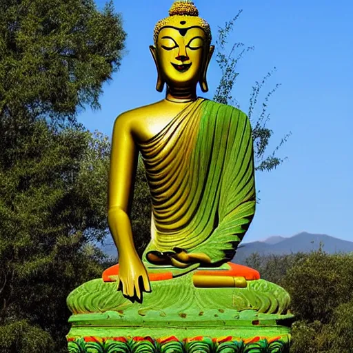 Prompt: tibetan statue of buddha, buddhist statue with glowing green eyes, vines and beautiful flowers cover the sculpture, award-winning, beautiful revealing godrays, HD