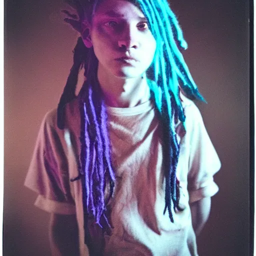 Prompt: a boy boy with colored dread hair in dark room flash, polaroid effect!!!