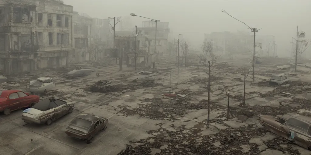 Prompt: wide angle shot of dilapidated silent hill in real life, desolate town, empty streets, nightmarish, some rusted retro futuristic parked cars, overcast, blankets of fog pockets, rain, volumetric lighting, beautiful, daytime, autumn, sharp focus, ultra detailed, cgsociety