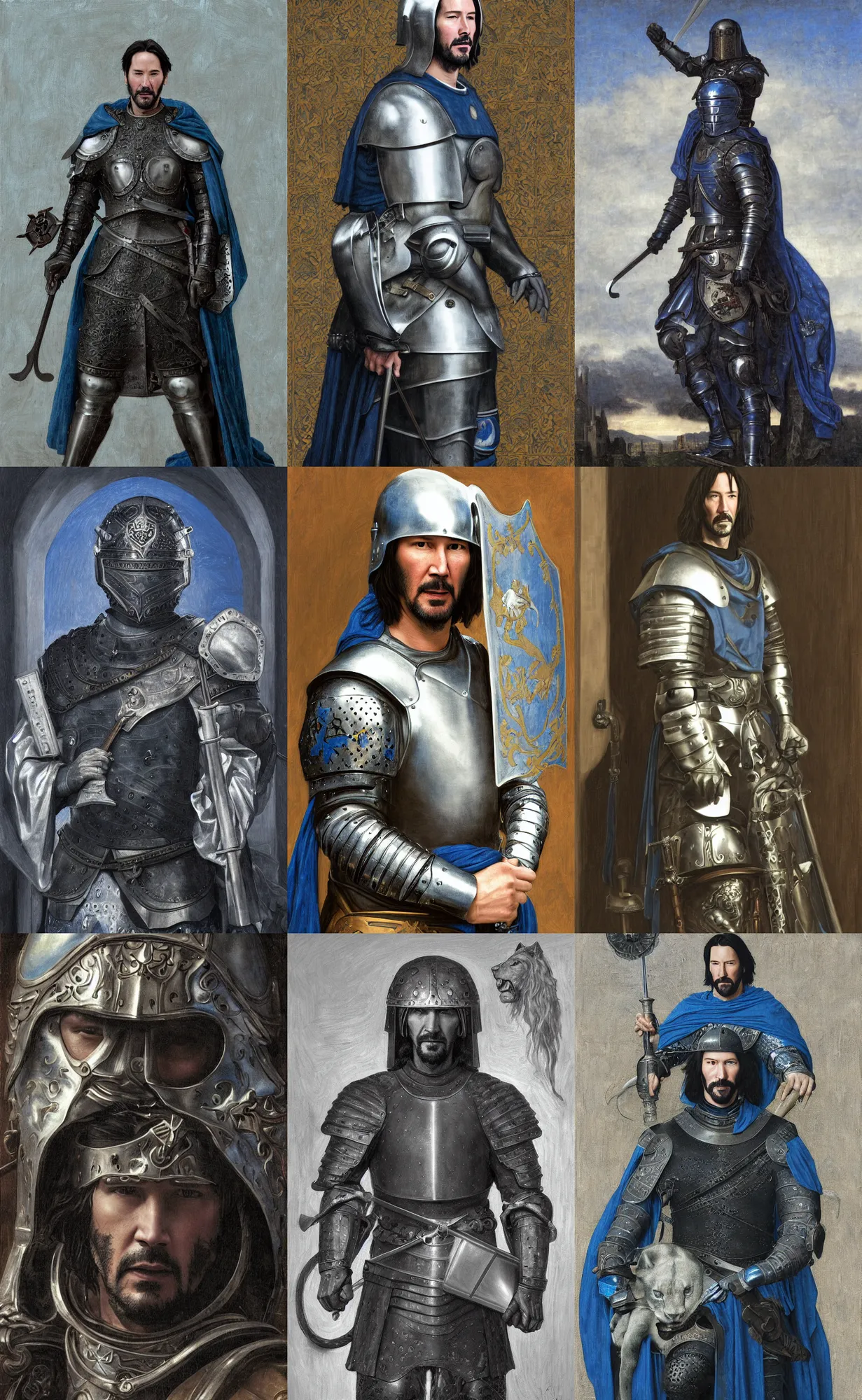 Prompt: keanu reeves in medieval armour, blue houpelande, silver lion blazon in background, moody, dark, highly detailed, digital painting, bouguereau and dittmann