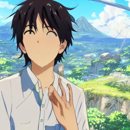 Image similar to Makoto Shinkai drawing himself in the movie Your Name