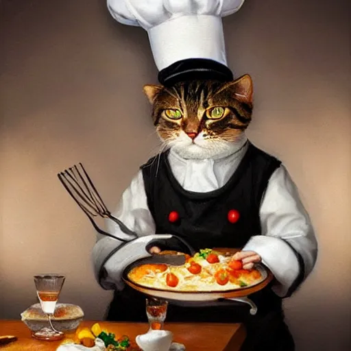 Image similar to head and shoulders masterpiece portrait of a cute adorable cat wearing a chef hat, preparing a fancy lunch in a European bistro, digital art by Krenz Cushart, trending on artstation, cgsociety,