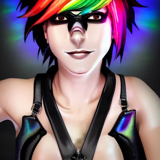 Image similar to full body digital artwork of tracer overwatch, wearing black iridescent rainbow latex tank top, 4 k, expressive happy smug expression, makeup, in style of mark arian, wearing detailed black leather collar, chains, black leather harness, detailed face and eyes,