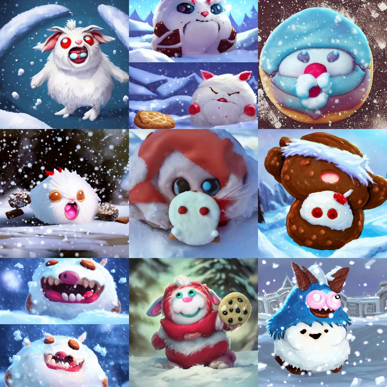 Prompt: realistic poro from league of legends, eating a cookie in the snow