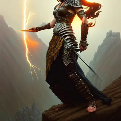 Image similar to A epic fantasy portrait of a warrior woman, standing on a cliff, castle setting, horror movie lightning, intricate, elegant, highly detailed, digital painting, artstation, concept art, matte, sharp focus, illustration, art by Artgerm and Greg Rutkowski and Alphonse Mucha