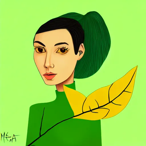 Image similar to Female character, green background, full of yellow leaves, in the artistic style of Melissa Zuñiga