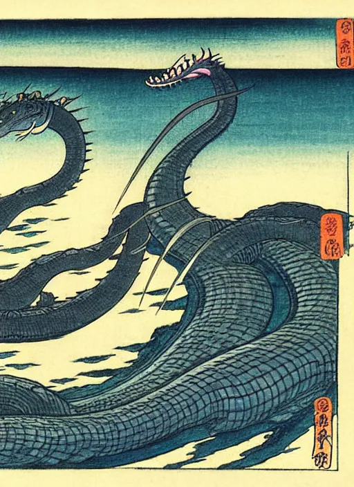 Image similar to the loch ness monster as a yokai illustrated by kawanabe kyosai and toriyama sekien