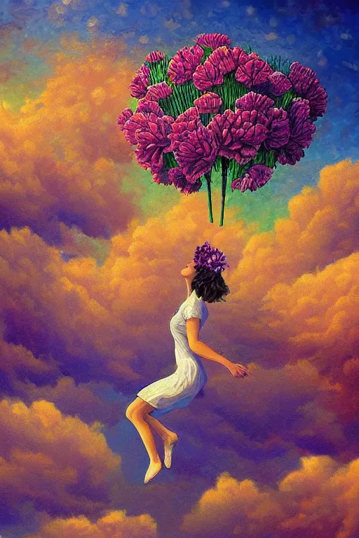 Image similar to closeup, giant carnation flower head, woman falling through clouds in sky, surreal, impressionist painting, digital painting, artstation, rob gonsalves