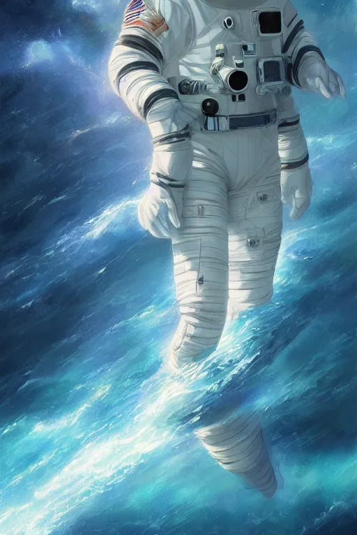Prompt: astronaut lost in the ocean, space themed, highly detailed, digital painting, artstation, concept art, smooth, sharp focus, illustration, art by artgerm and greg rutkowski