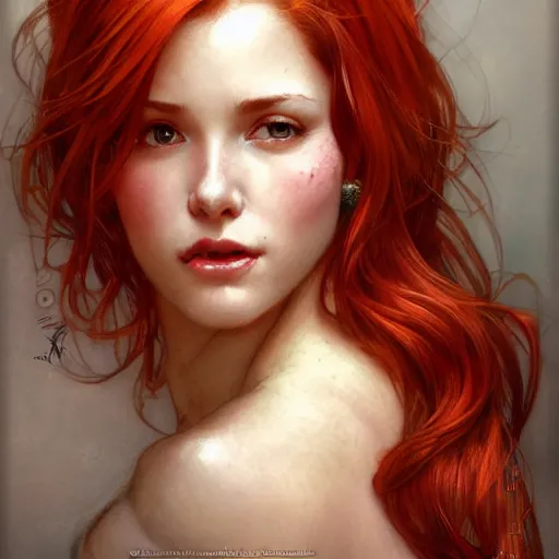 Image similar to highly detailed closeup portrait of beautiful woman with red hair, very detailed, realistic, card, by Stanley Artgerm Lau, greg rutkowski, thomas kindkade, alphonse mucha, loish, norman rockwell J.