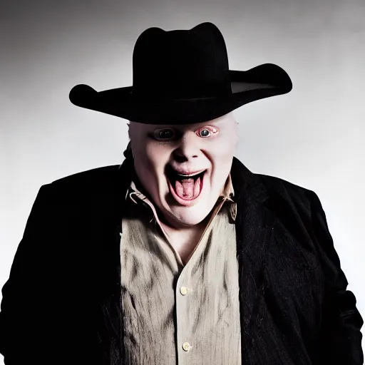 Prompt: a massive fat grinning hairless albino man with a black cowboy hat and black western clothes with overcoat, photography by annie leibovitz, dramatic lighting,