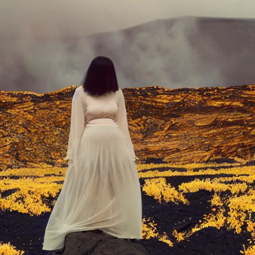 Prompt: The full body shot of beautiful pale woman with many flowers and full-face black mask with glowing halo, a thick black smoke in rocky desert landscape, blue background, falling star on the background, burning earth by Christopher Doyle, Gaspar Noe, Tarkovsky, Alejandro Jodorowsky, anamorphic lens, cinematic composition, award winning photo, 8k