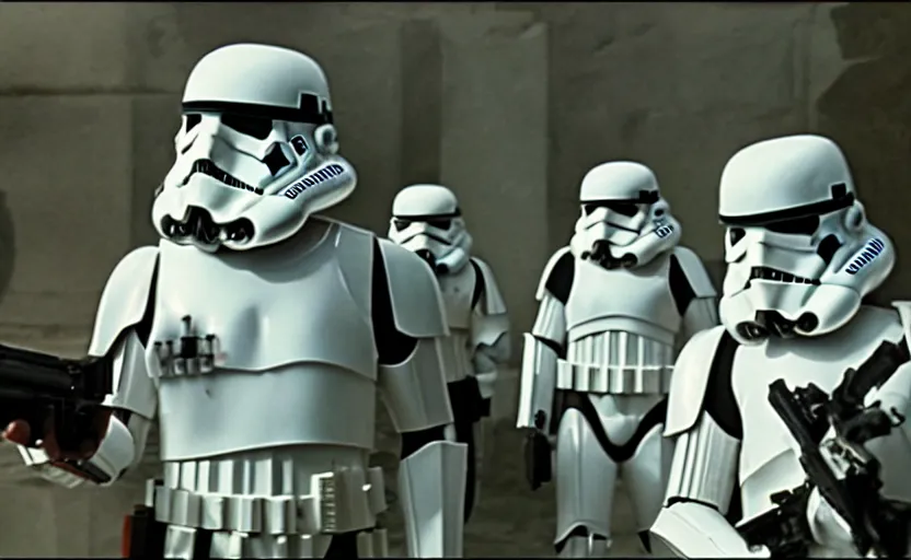 Prompt: screenshot from a scene of stormtrooper graveyard the lost jedi missing star wars film, 1980s film by Stanley Kubrick, moody lighting, stunning cinematography, hyper-detailed, sharp, anamorphic lenses, kodak color film, 4k