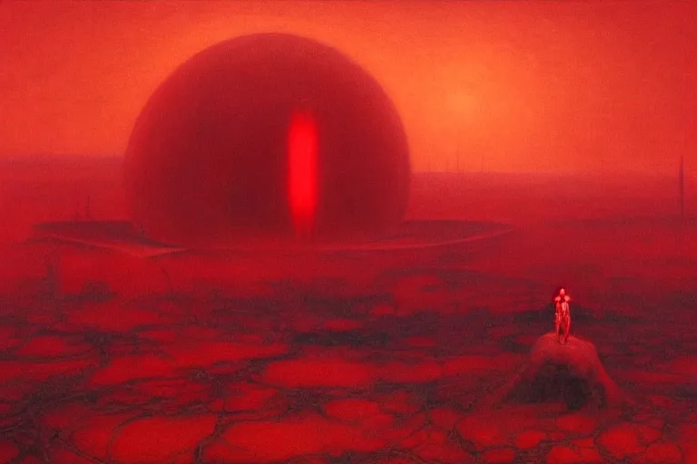 Image similar to only with red, red god of death eat apple, a futuristic city on mars in the background, red worms on the floor, in the style of beksinski, part by hopper, part by rodcenko, part by hofbauer, intricate composition, red by caravaggio, insanely quality, highly detailed, masterpiece, red light, artstation, 8 k