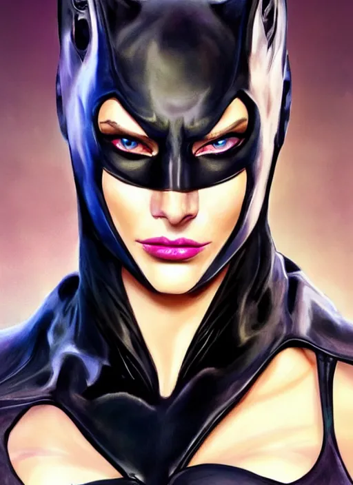 Prompt: A beautiful face portrait of a Isabeli Fontana as evil Catwoman from Batman with wink and making a duck face, digital art by Eugene de Blaas and Ross Tran, vibrant color scheme, highly detailed, in the style of cinematic, artstation, Greg rutkowski
