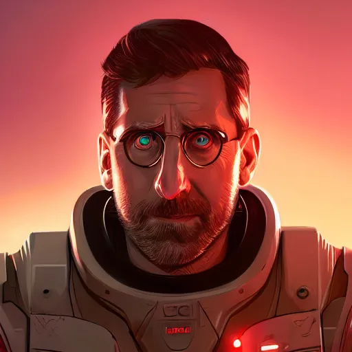 Prompt: Portrait of a cyborg Steve Carell, mattepainting concept Blizzard pixar maya engine on stylized background splash comics global illumination lighting artstation lois van baarle, ilya kuvshinov, rossdraws