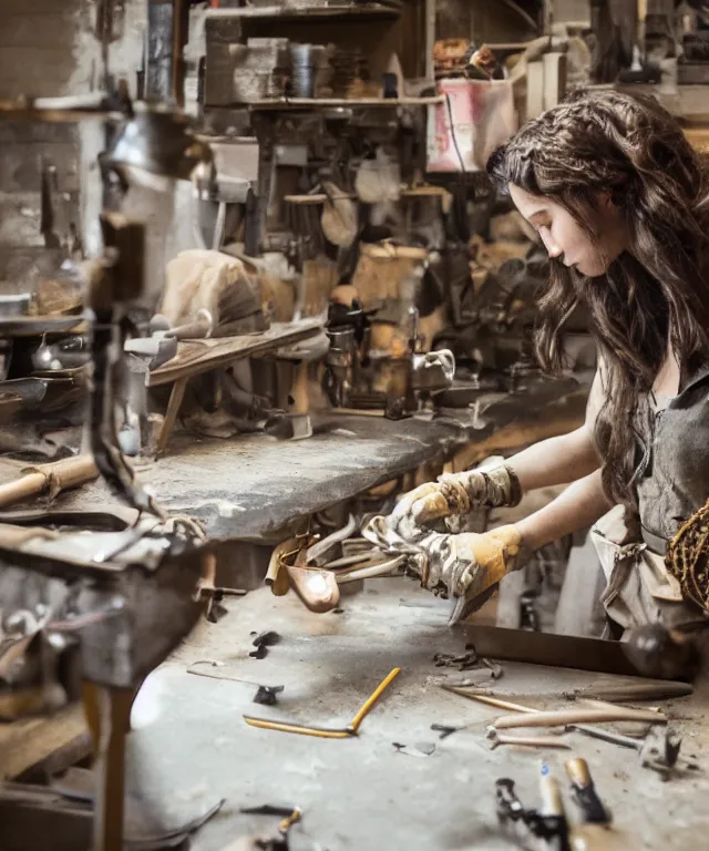 Image similar to A beautiful girl makes bronze gear on a workbench, 50mm photo, soft light, highly detailed, motion blur, trending on artstation