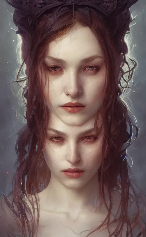 Prompt: portrait of a girl death on her head , surreal, intricate, headshot, highly detailed, digital painting, artstation, concept art, cinematic lighting, illustration, art by artgerm and greg rutkowski, alphonse mucha, cgsociety, science fiction