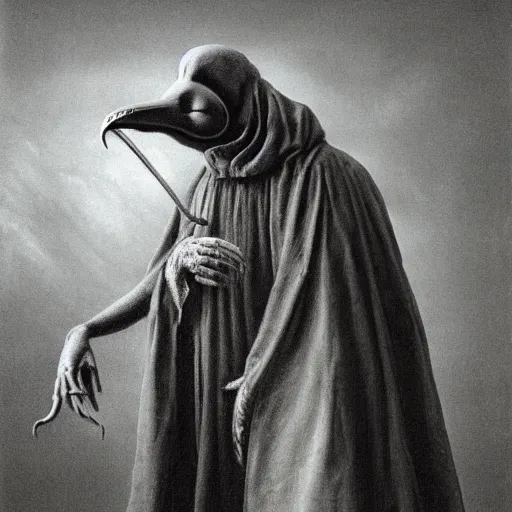 Image similar to plague doctor in his larval form. extremely lush lifelike detail. award - winning digital art by beksinski, ansel adams, alan lowmax, steichen. surreal scientific photoillustration.