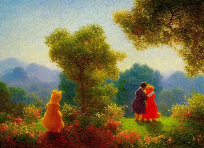 Image similar to romanticism impressionism landscape painting of winnie the pooh characters at night, night time, colorful paper lanterns, in the style of hudson river school and thomas cole and albert bierstadt and robert duncanson and vincent van gogh and claude monet