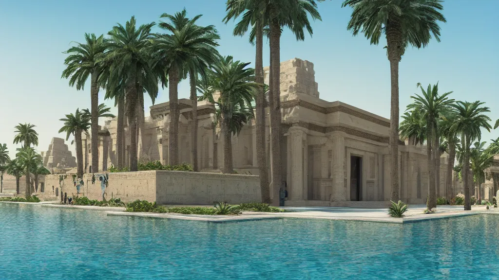 Prompt: a photograph of the front of a new egyptian palace, with a small pool in front, exterior view, close - up, mid - day, palm trees and lush vegetation, hieroglyphs on the buildings, ray - traced reflections of the buildings and trees in the water