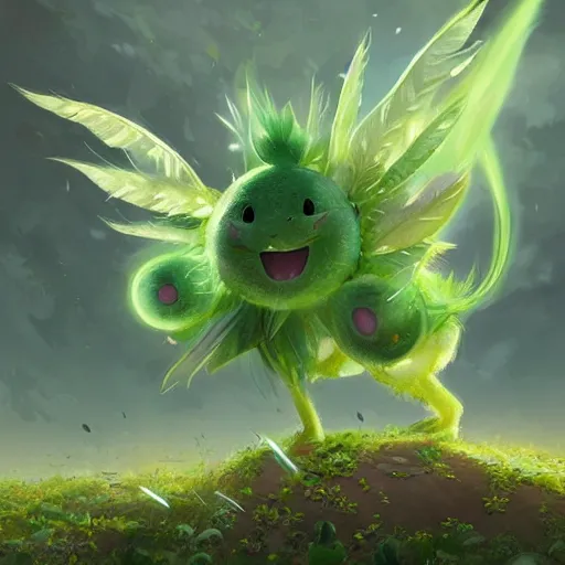 Image similar to a cute beautiful plant type pokemon with happy smile, green feathers bursting out of his hair, full body portrait, highly detailed digital art, 3 d perspective, award - winning illustration, aesthetic, smooth, pokemon style, made by greg rutkowski, with an alien landscape in the background