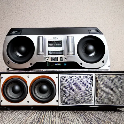 Image similar to futuristic ghetto blaster, urban sound system, many speakers and eq level, product photo