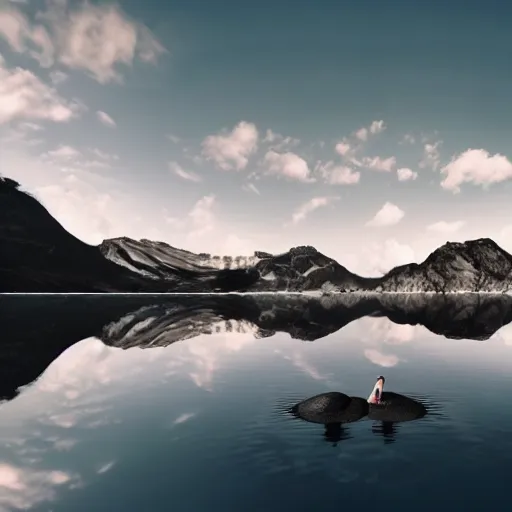 Image similar to photo of two black swans swimming in a beautiful reflective mountain lake, touching heads, forming a heart with their necks, a hot air balloon flying above the swans , granular detail, hot air balloon, intricate, portrait, 8k highly professionally detailed, HDR, CGsociety, octane render, 4k, f32,55mm photography, wide angle