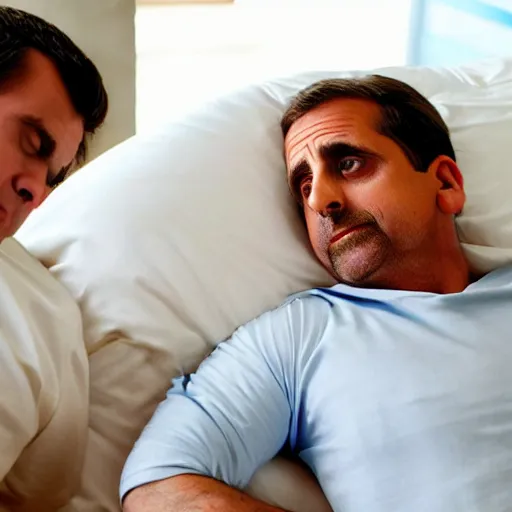 Prompt: steve carell having relaxing neck massage to relax his neck and he is listening someone belly