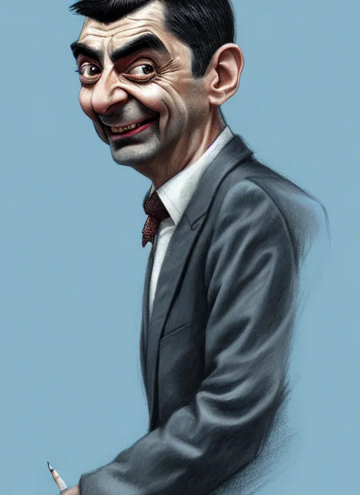 Image similar to highly detailed pencil sketch caricature portrait of mr bean gangster by ross tran, by greg rutkowski, brush strokes, 4 k resolution, light blue pastel background