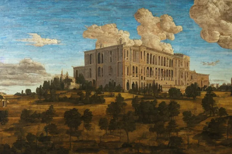 Prompt: an oil painting of a renaissance palace, clouds in the sky