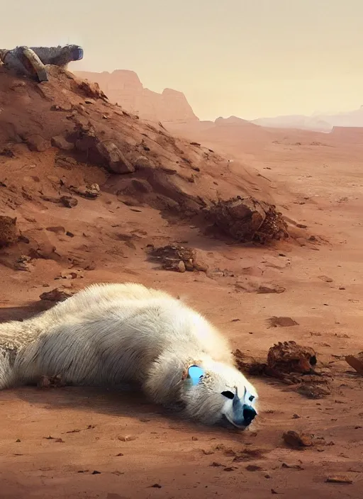 Image similar to dying polar bear on a desert, by greg rutkowski, trending on artstation, masterpiece