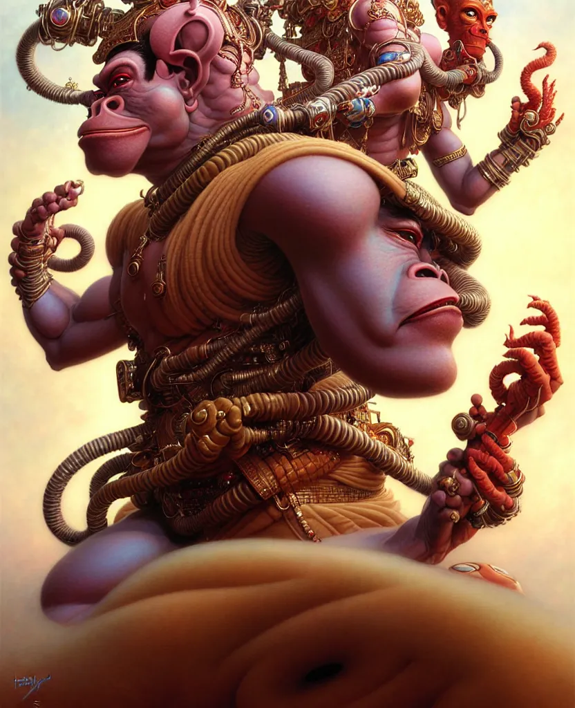 Image similar to beautiful hanuman fantasy character portrait, ultra realistic, wide angle, intricate details, the fifth element artifacts, highly detailed by peter mohrbacher, hajime sorayama, wayne barlowe, boris vallejo, aaron horkey, gaston bussiere, craig mullins