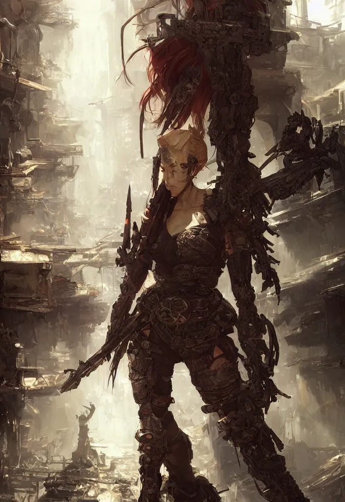 Image similar to Beautiful science fiction warrior princess, set in post apocalyptic Tokyo alleyway, glorious sunlight and shadows, D&D, fantasy, highly detailed, digital painting, artstation, concept art, sharp focus, illustration, in style of Frank Frazetta and Luis Royo and WLOP and Greg Rutkowski