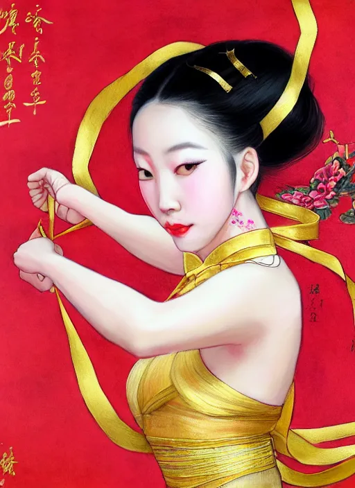 Image similar to full body portrait of a dancer doing chinese ribbon dance, feet, barefoot, full body, vivacious, extremely beautiful, gold jewelry, hanfu, ribbon dance, aerial silk, large flying ribbons, ming dynasty, detailed, realistic face, anatomically accurate, fantasy art, wlop.