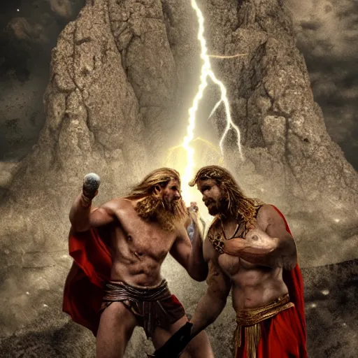 Prompt: in the ruins of mount oylmpus the roman gods look down on the mortals, zeus holds a lightning rod and thor has his hammer, digital art, 4 k,