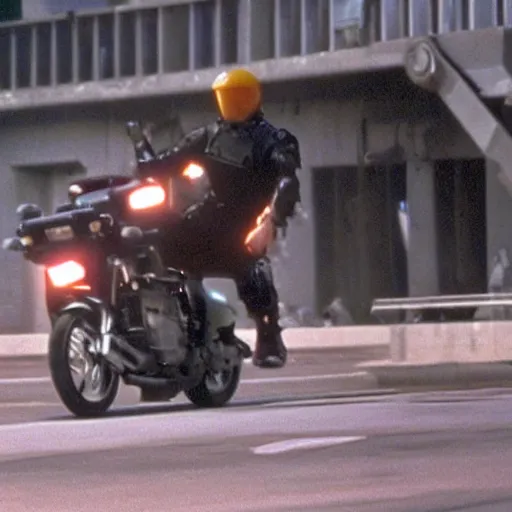 Prompt: film still from the 'Future Force' (1995). Exciting futuristic action scene with explosions and a motorcycle jumping a bridge. Sigma 85mm f/2.4