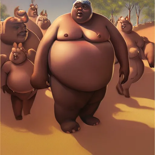 Prompt: an extremely obese ssbbw africn queen, being carried through a vast and endless buffet by an army of servants, by fernando botero!! and greg rutkowski. trending on artstation. digital illustration