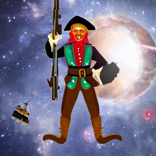 Prompt: a pirate holding a machine gun standing on top of a space ship