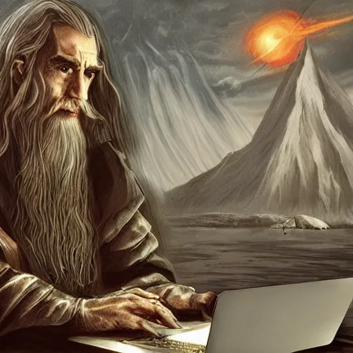 Image similar to Saruman writing code on a apple macbook, fantasy art, detailed, Lord of the rings, trending