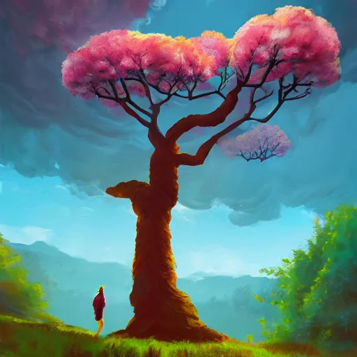 Image similar to giant cherry tree as a head, girl walking in a canyon, surreal photography, sunrise, dramatic light, impressionist painting, colorful clouds, digital painting, artstation, simon stalenhag