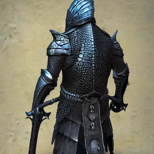 Image similar to detailed hypperrealistic artstation render, full body front view of a scaly black cloaked man, wearing a metal knights helmet, carries a large knights blue greatsword in his hands, in addition tentacles emerge from his back like wings