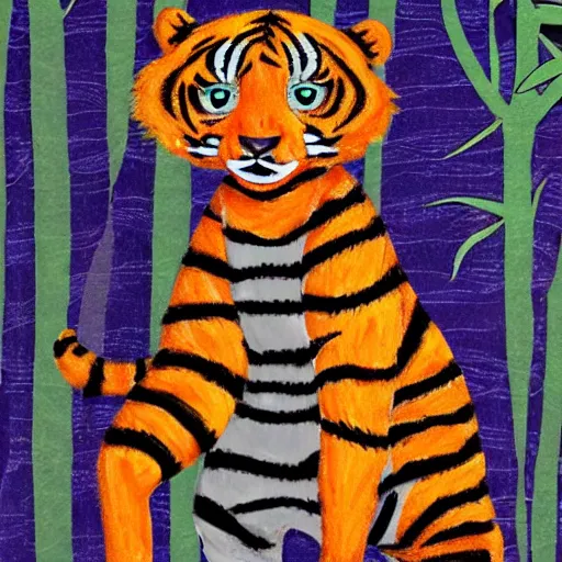 Image similar to tiger in the forest children drawing stripes orange sky palm tres sharp claws and teeth