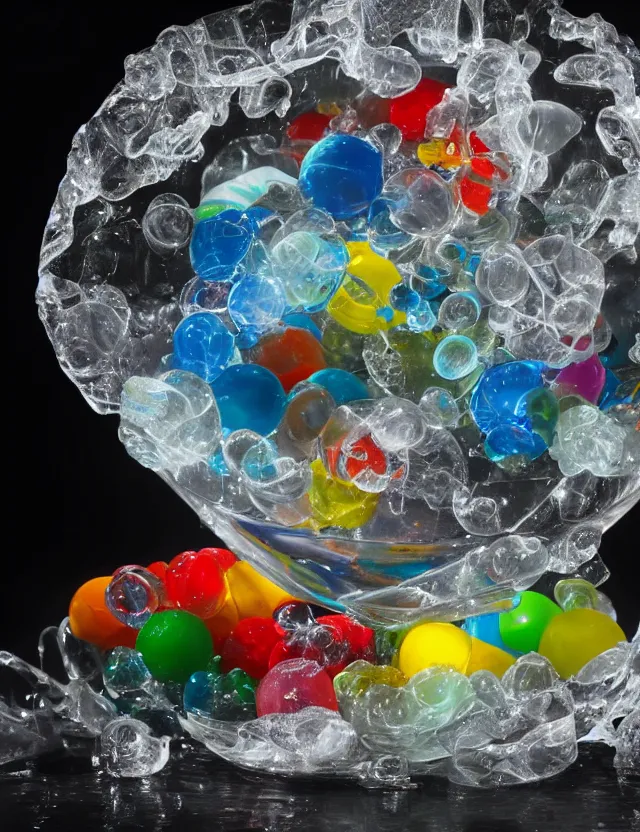 Image similar to a well - lit studio photograph of a clear bowl of water with various plastic toys floating in it, some smooth, some wrinkled, some long, various sizes, textures, and transparencies, beautiful, smooth, detailed, inticate