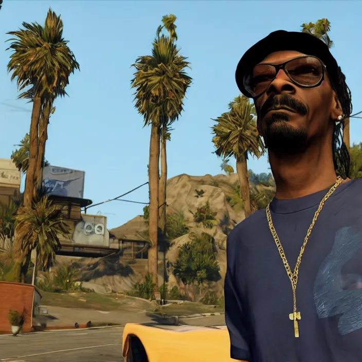 Prompt: Snoop Dogg in GTA V, gameplay screenshot