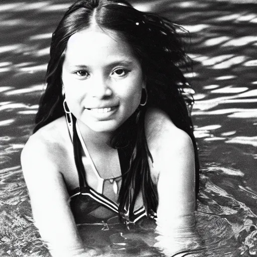 Image similar to clear photo of a beautifu and youngl female native american singer with long dark hair in a pool taken in 1 9 7 6, black and white photography, high quality, 7 0 s style photography, pool